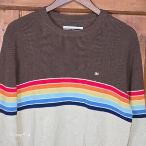Outerknown Striped Waffle Knit Sweater Brown Rainbow Stripe Crewneck Mens L